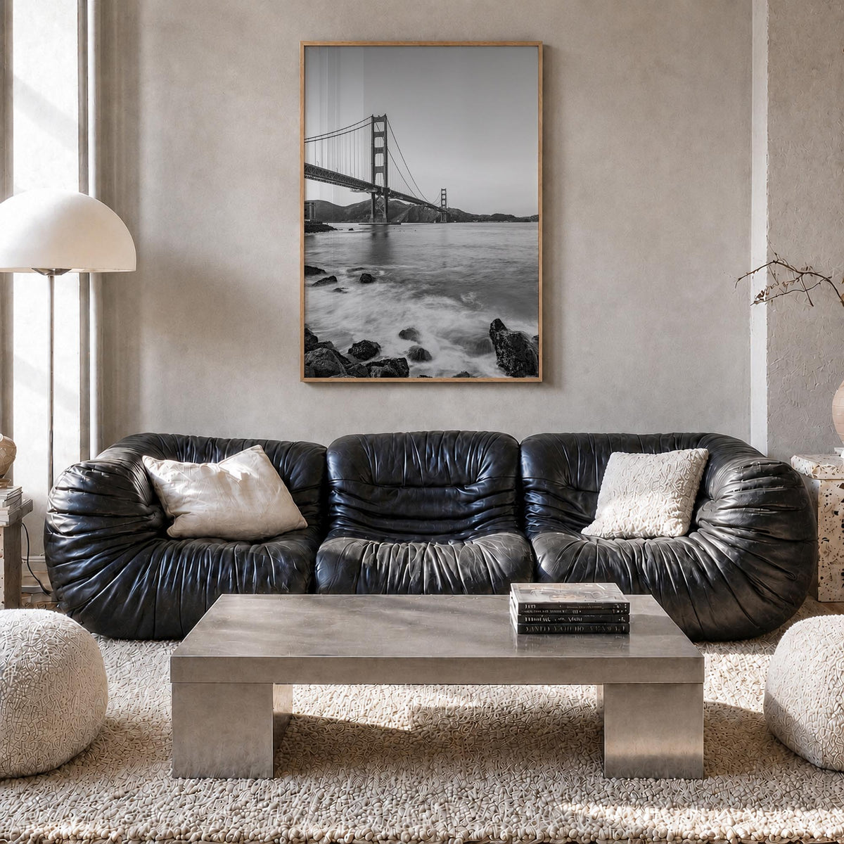 Golden Gate Bridge no. 1 black & white photo poster of San Francisco, California – vertical wall art in natural wood frame, h