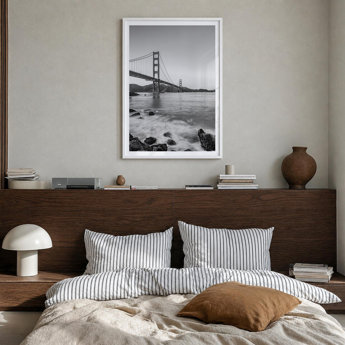 Golden Gate Bridge no. 1 black & white photo poster of San Francisco, California – vertical wall art in white wood frame with