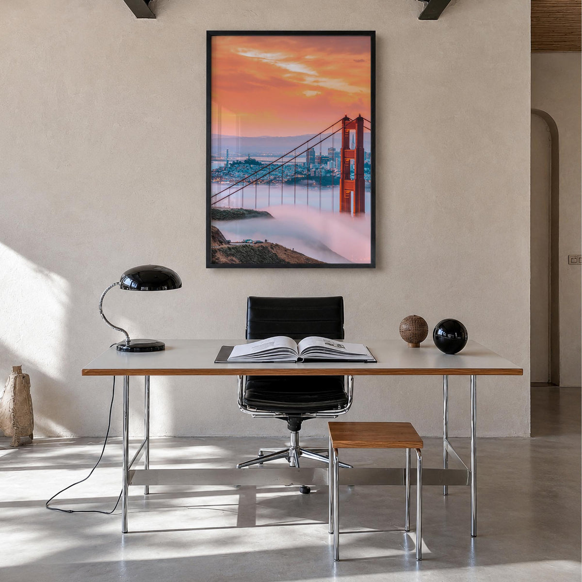 Golden Gate Bridge no. 1 colorful photo poster of San Francisco, California – vertical wall art in black wood frame, hanging 