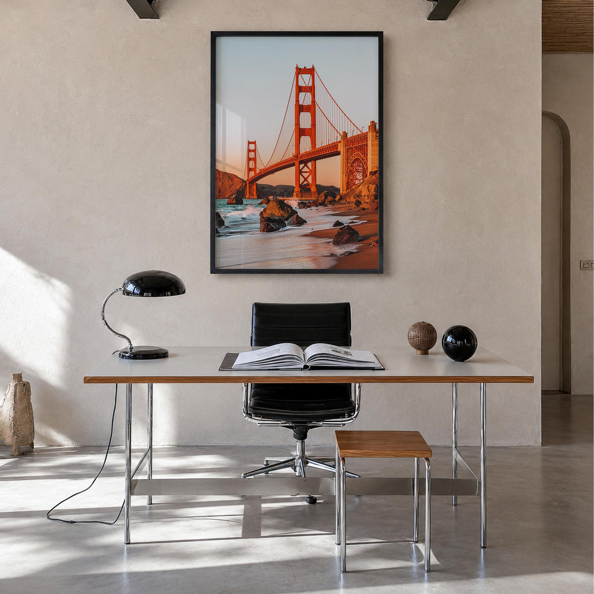 Golden Gate Bridge no. 2 colorful photo poster of San Francisco, California – vertical wall art in black wood frame, hanging 