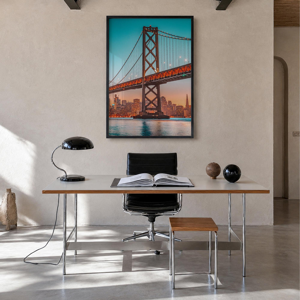Golden Gate Bridge no. 4 colorful photo poster of San Francisco, California – vertical wall art in black wood frame, hanging 
