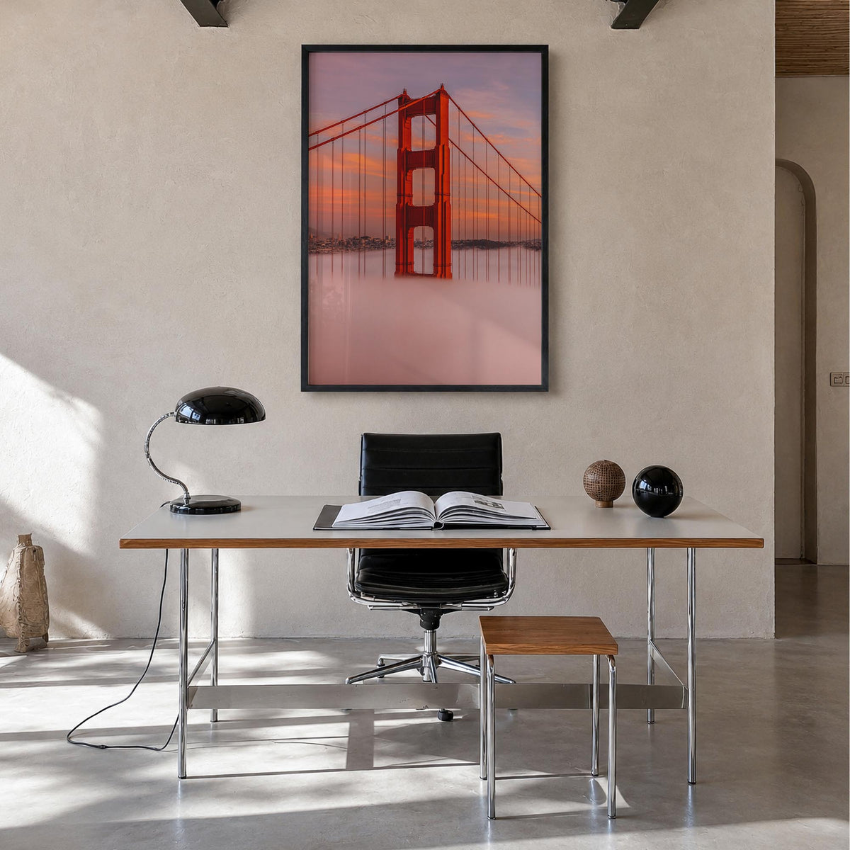 Golden Gate Bridge no. 5 colorful photo poster of San Francisco, California – vertical wall art in black wood frame, hanging 