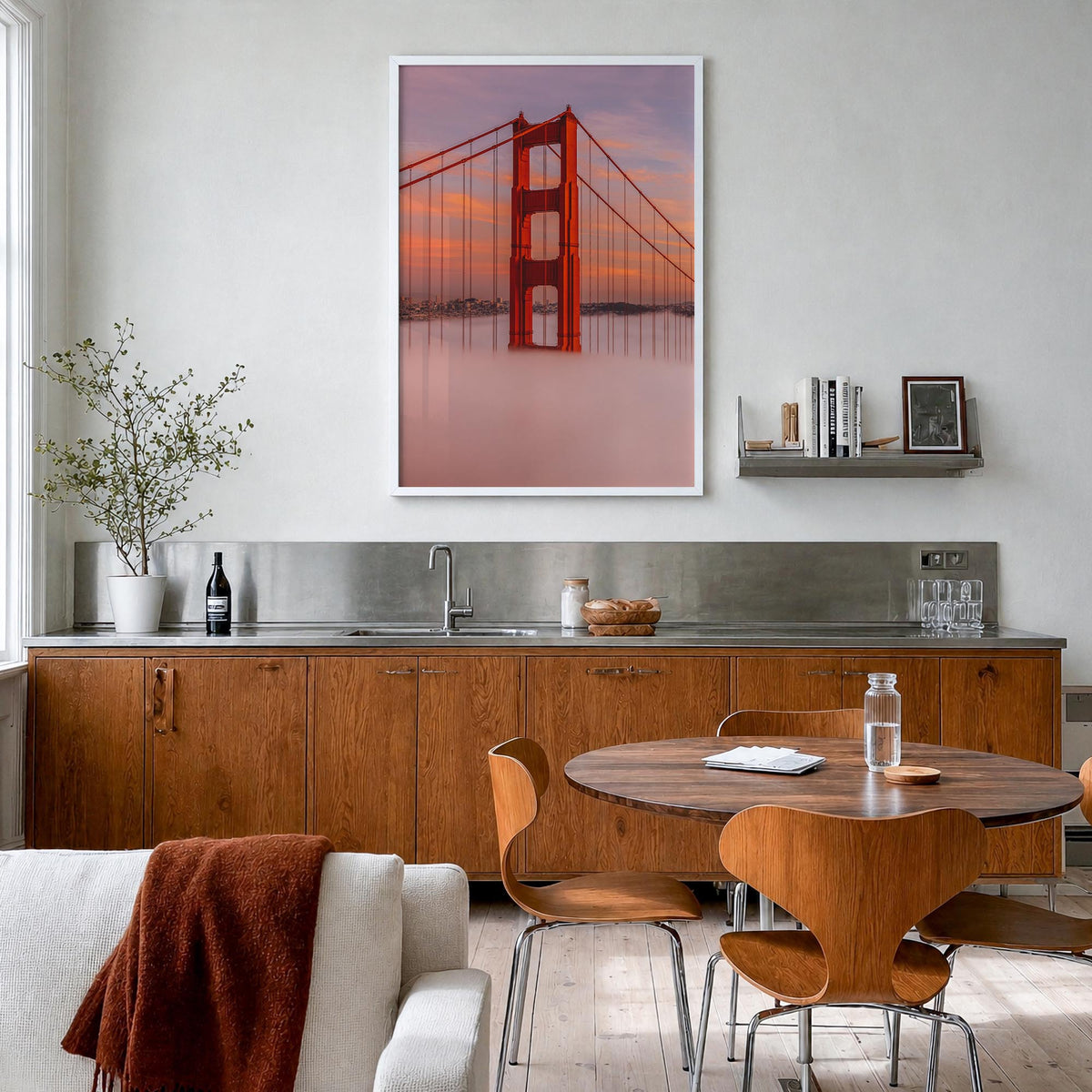 Golden Gate Bridge no. 5 colorful photo poster of San Francisco, California – vertical wall art in white wood frame, hanging 
