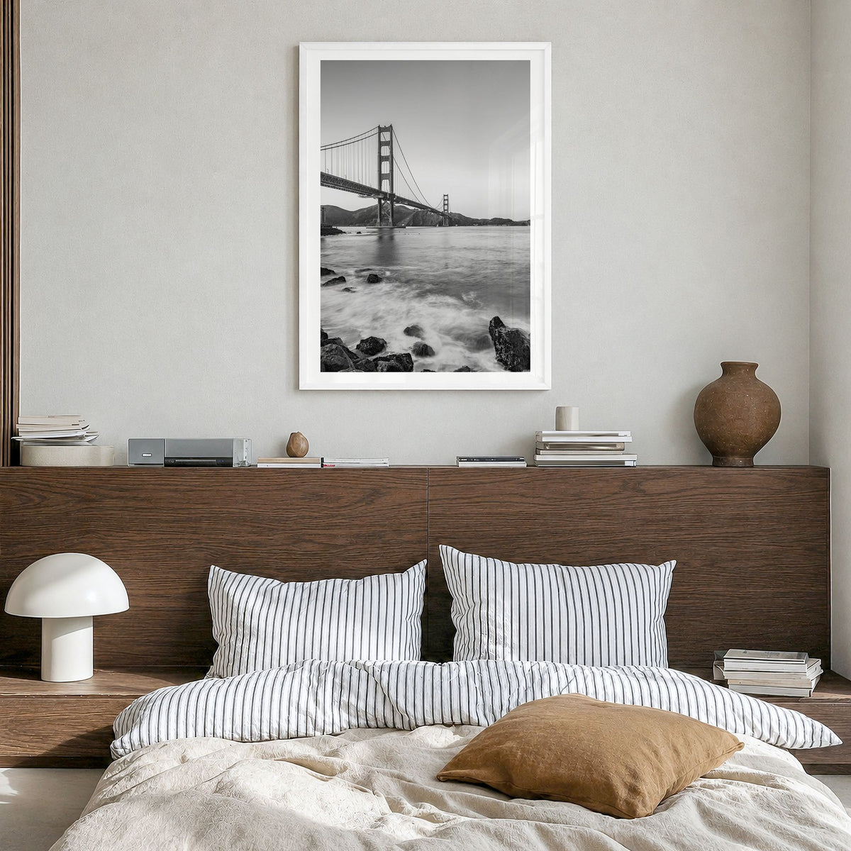 Golden Gate Bridge Photo No 1 Poster in a white wood frame, hanging in a bedroom, white border