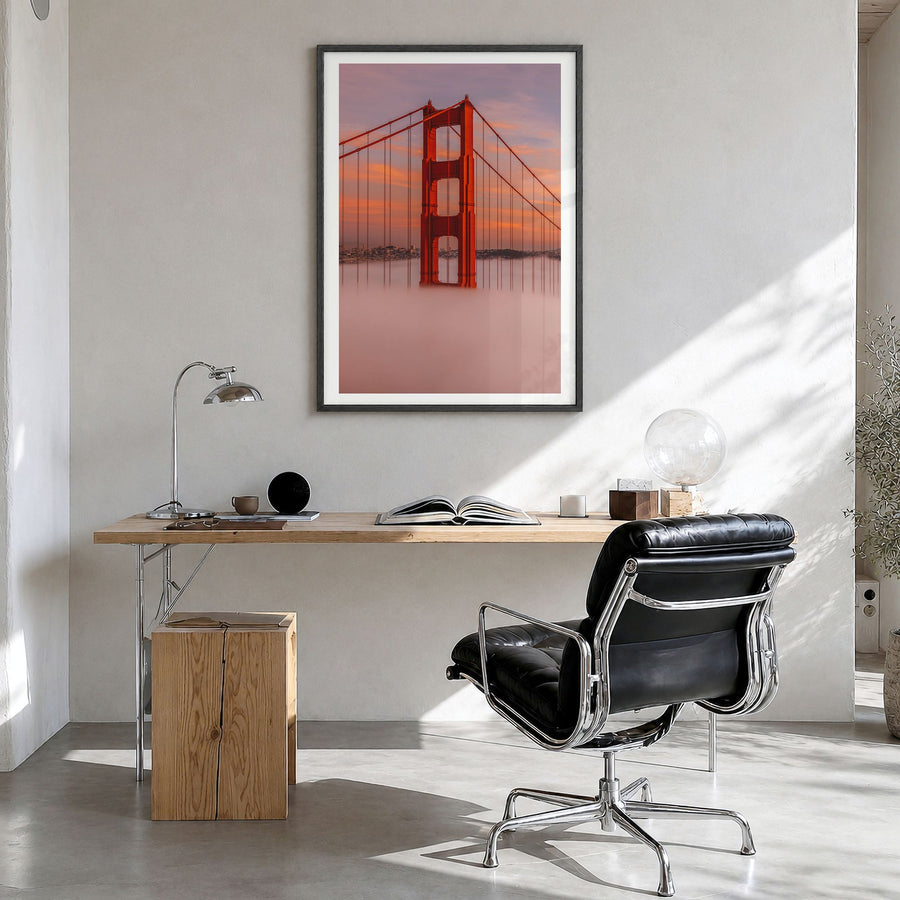 Golden Gate Bridge Photo No 5 Poster in a black wood frame, hanging in a bright home office, white border