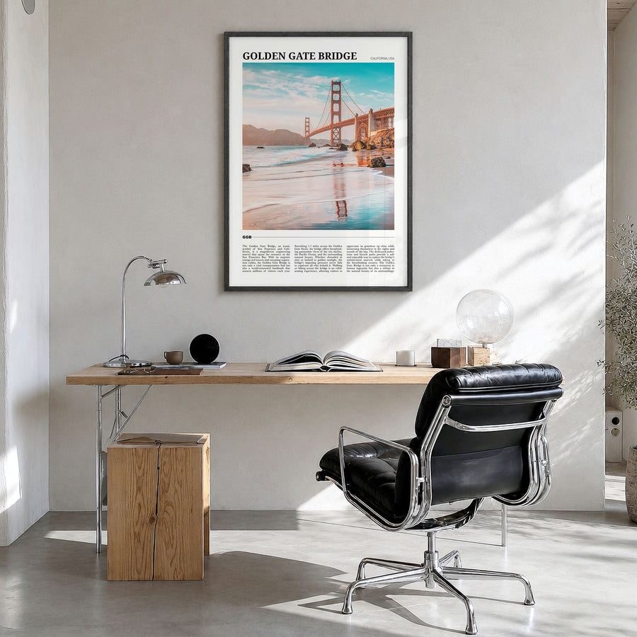 Golden Gate Bridge Travel Poster in a black wood frame, hanging in a bright home office