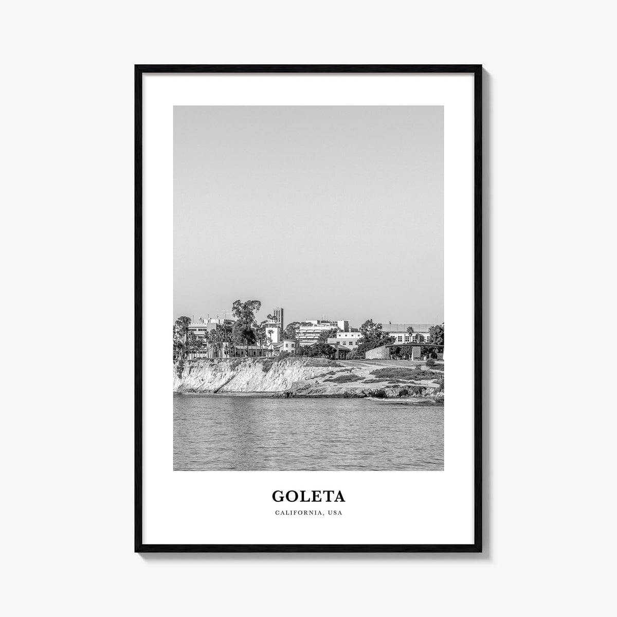 Goleta black & white classic poster of California, USA – vertical wall art, unframed print shown in interior mockup