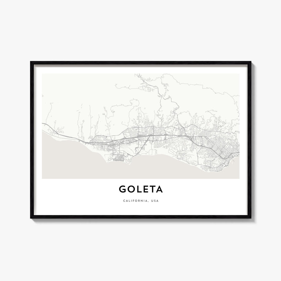 Goleta black & white map poster of California, USA – horizontal wall art, unframed print shown in interior mockup