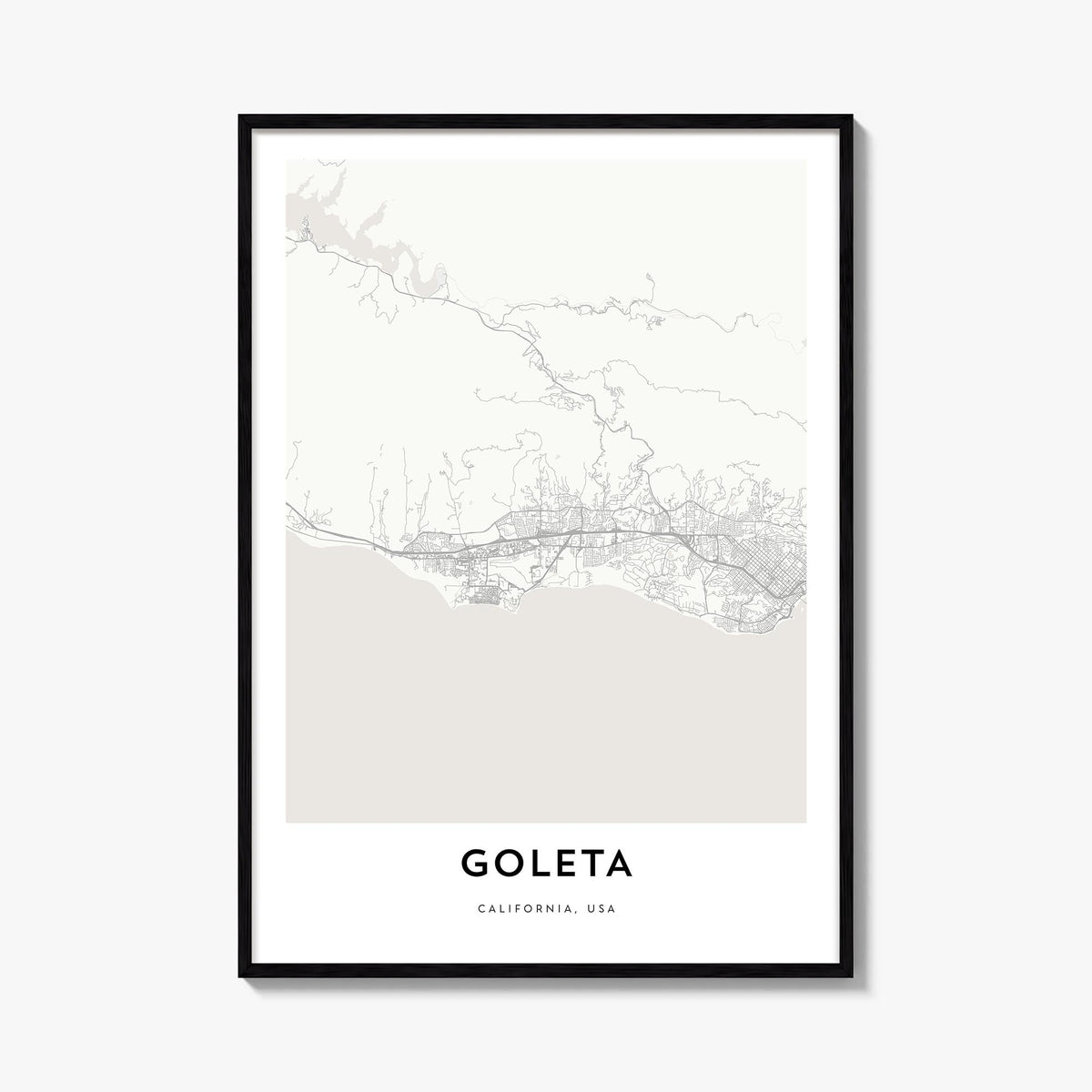 Goleta black & white map poster of California, USA – vertical wall art, unframed print shown in interior mockup