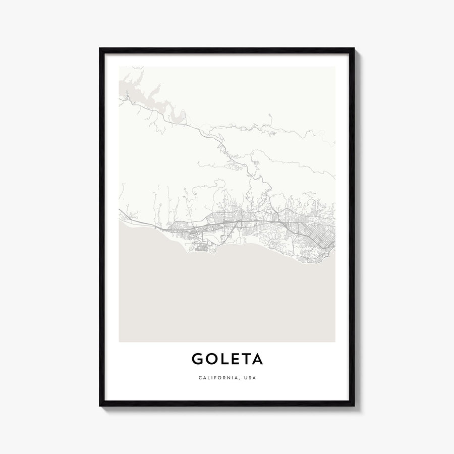 Goleta black & white map poster of California, USA – vertical wall art, unframed print shown in interior mockup