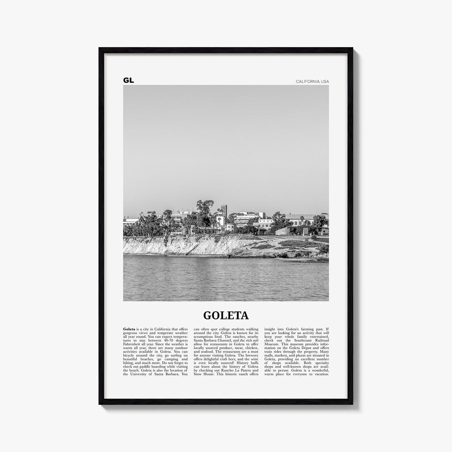 Goleta black & white newspaper poster of California, USA – vertical wall art, unframed print shown in interior mockup