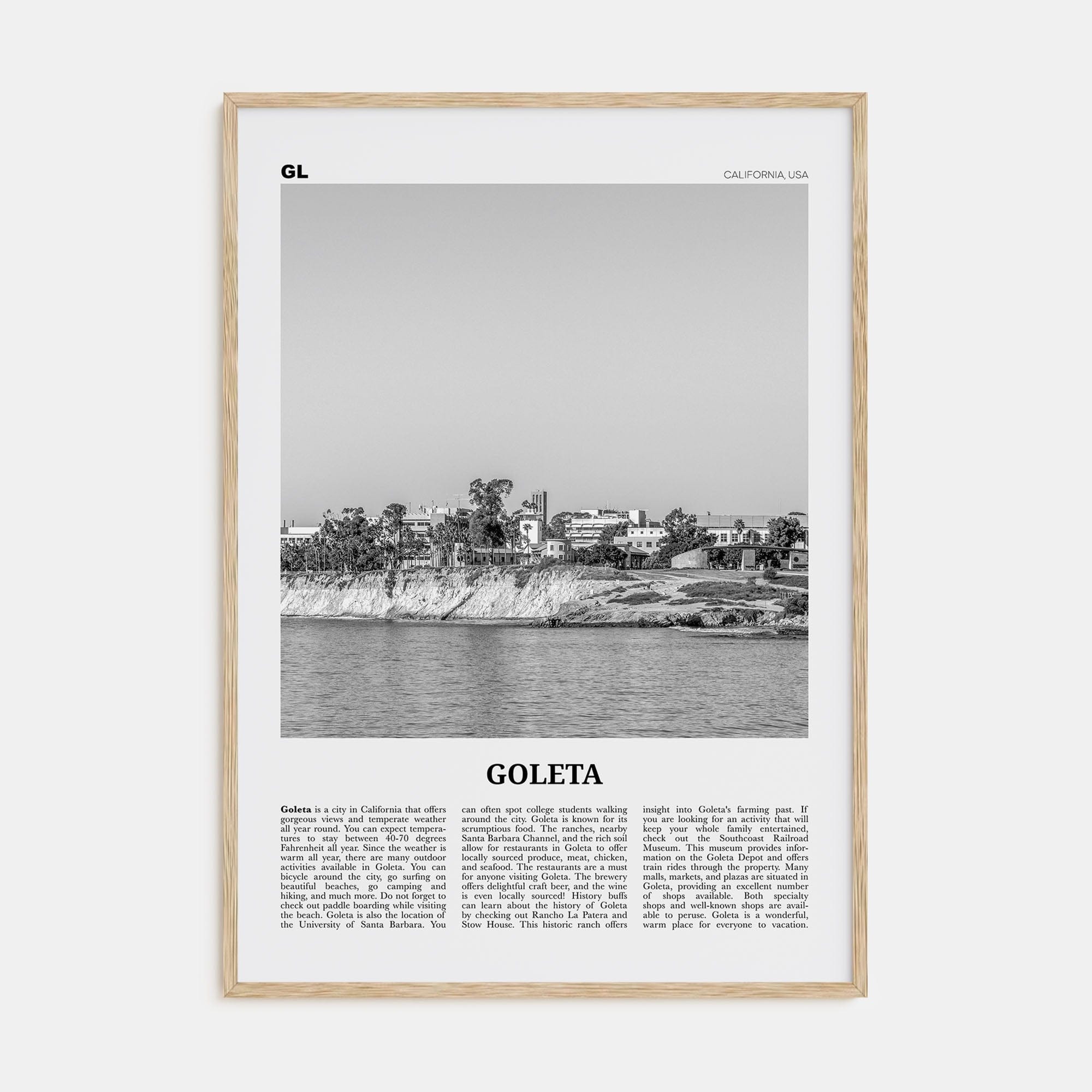 Goleta Poster Natural Wood / 8x12 in Nbourhood Travel B&W Poster