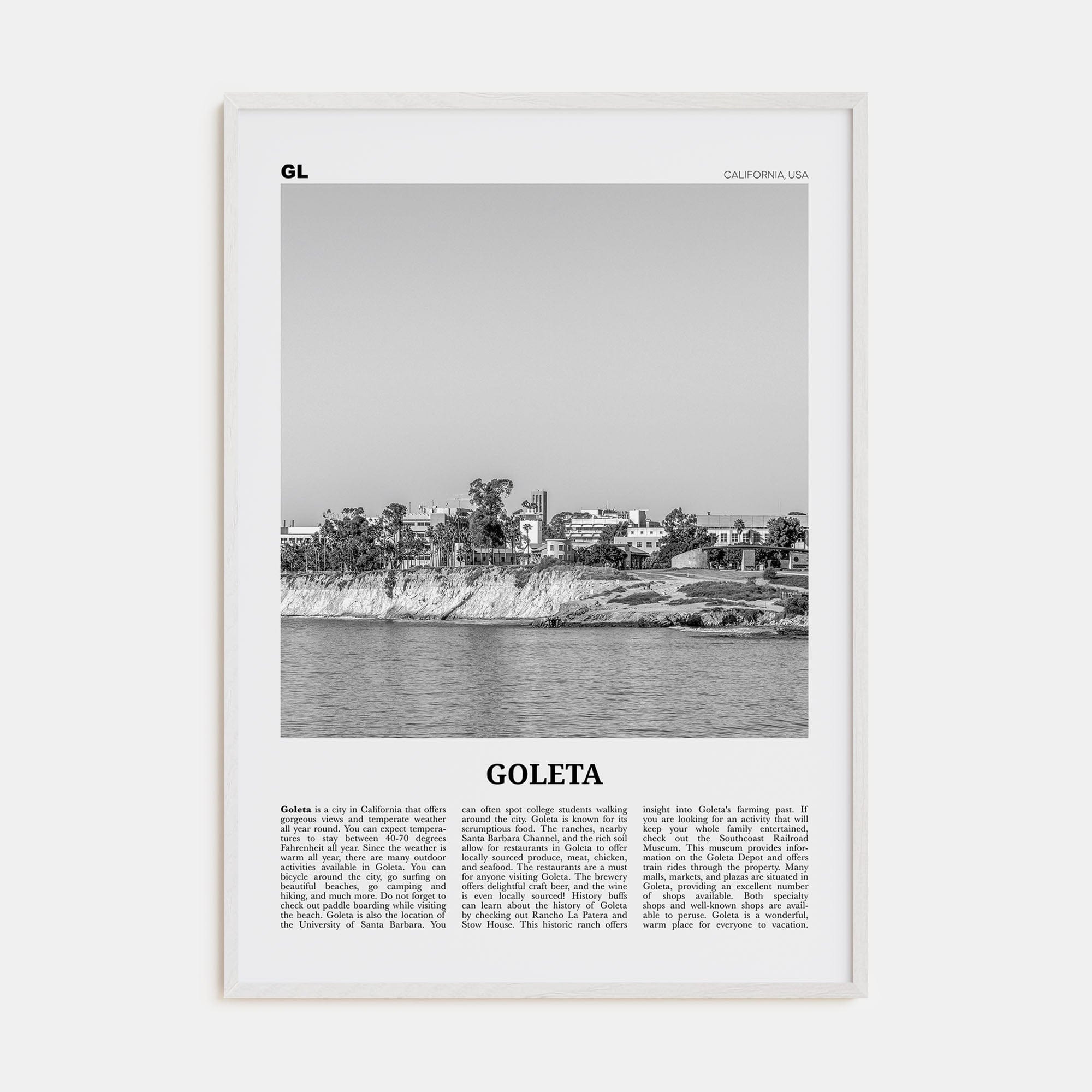 Goleta Poster White Wood / 8x12 in Nbourhood Travel B&W Poster