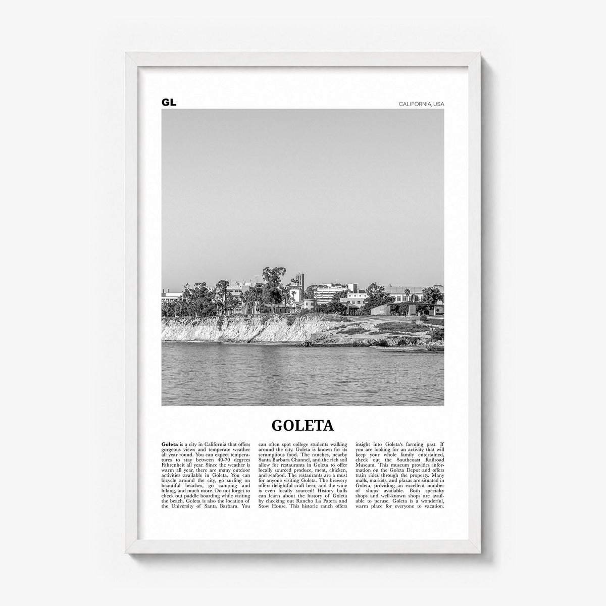 Goleta Newspaper Poster in a white wood frame