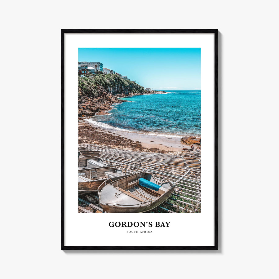 Gordon's Bay colorful classic poster of South Africa – vertical wall art, unframed print shown in interior mockup