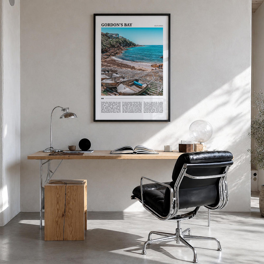 Gordon's Bay colorful travel poster of South Africa – vertical wall art in black wood frame, hanging on wall