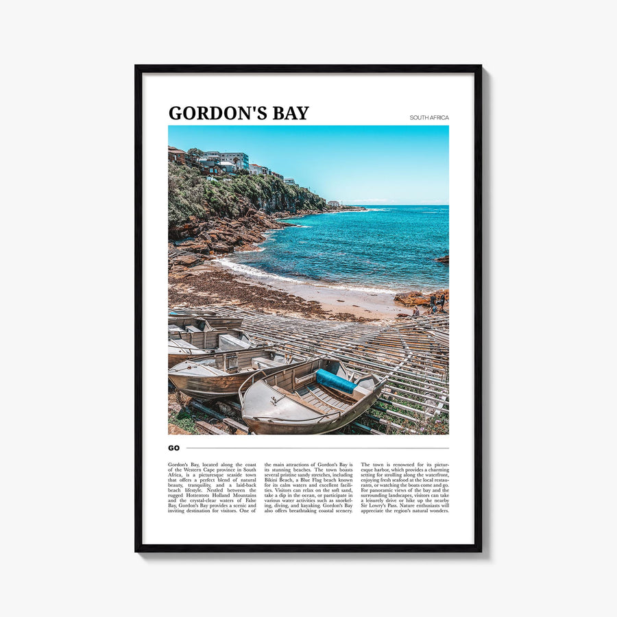 Gordon's Bay colorful travel poster of South Africa – vertical wall art, unframed print shown in interior mockup