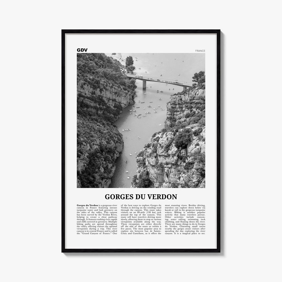 Gorges du Verdon black & white newspaper poster of France – vertical wall art, unframed print shown in interior mockup