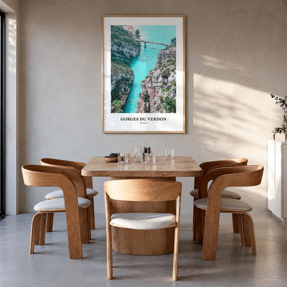Gorges du Verdon colorful classic poster of France – vertical wall art in natural wood frame, hanging on wall