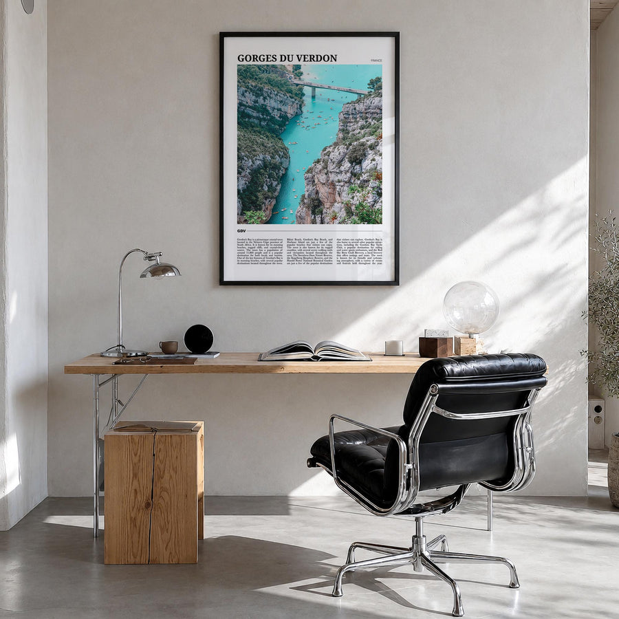 Gorges du Verdon colorful travel poster of France – vertical wall art in black wood frame, hanging on wall