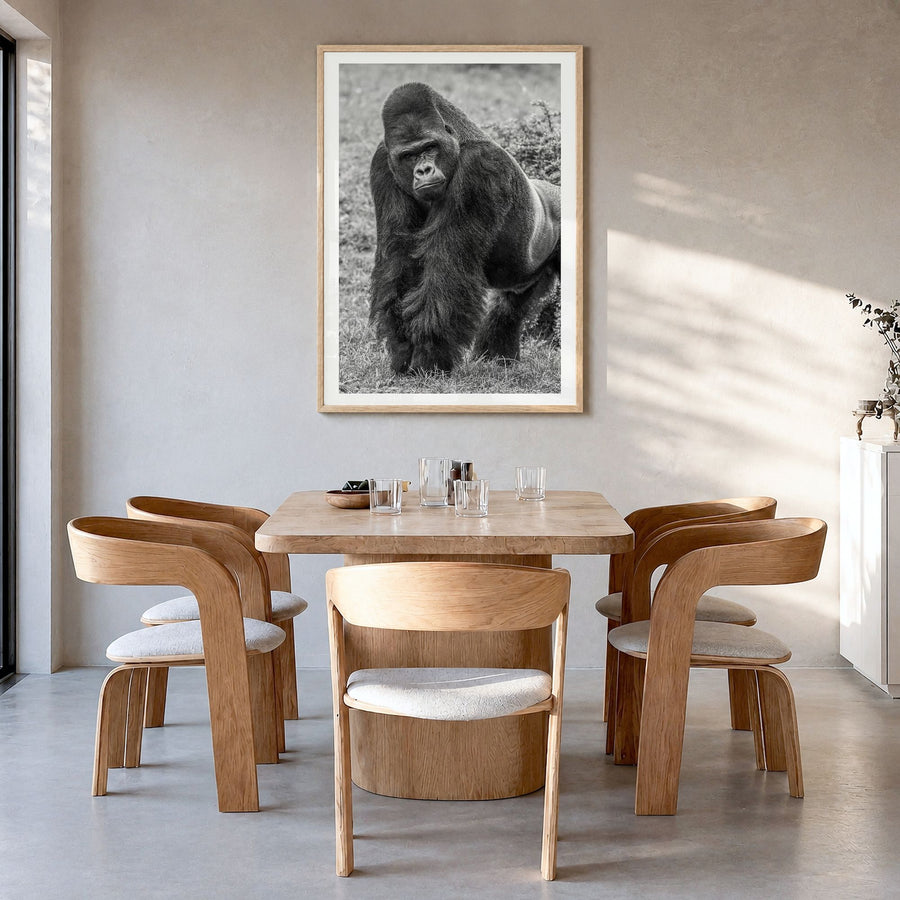Gorilla Photo Poster in a natural wood frame, hanging in a dining room, white border