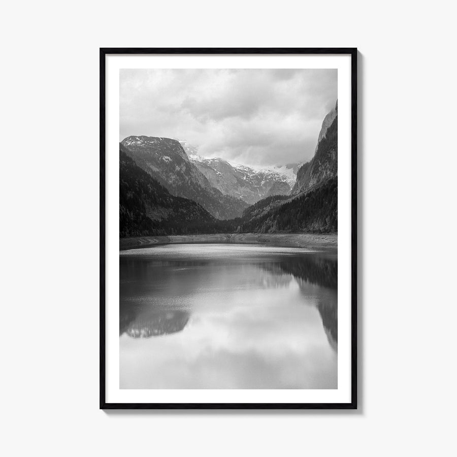 Gosausee Lake black & white photo poster of Austria – vertical wall art, unframed print shown in interior mockup