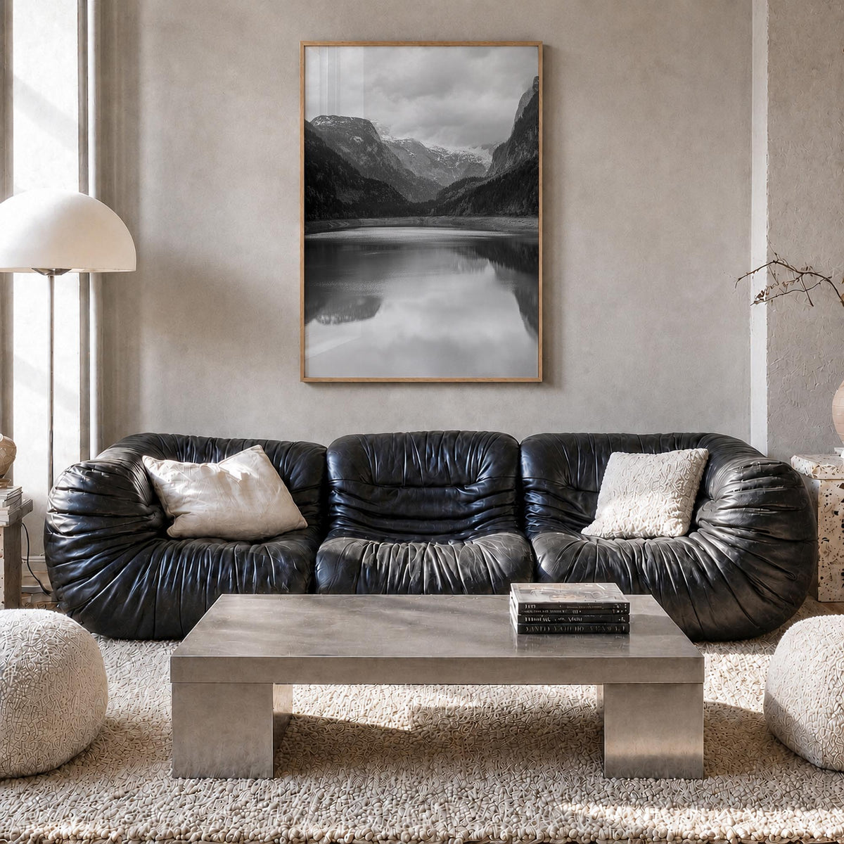 Gosausee Lake black & white photo poster of Austria – vertical wall art in natural wood frame, hanging on wall