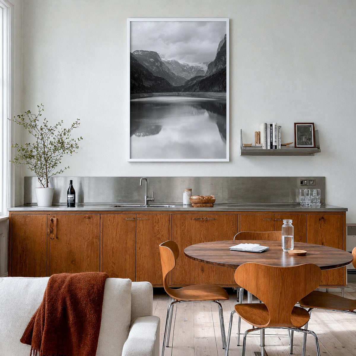 Gosausee Lake black & white photo poster of Austria – vertical wall art in white wood frame, hanging on wall