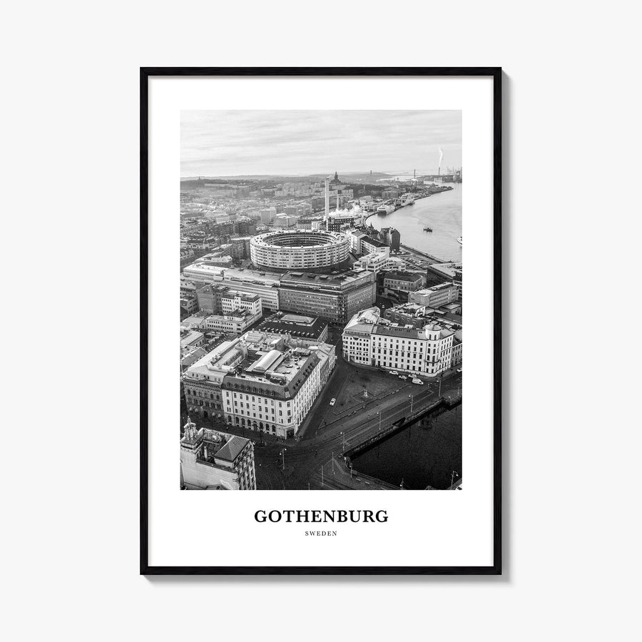 Gothenburg black & white classic poster of Sweden – vertical wall art, unframed print shown in interior mockup