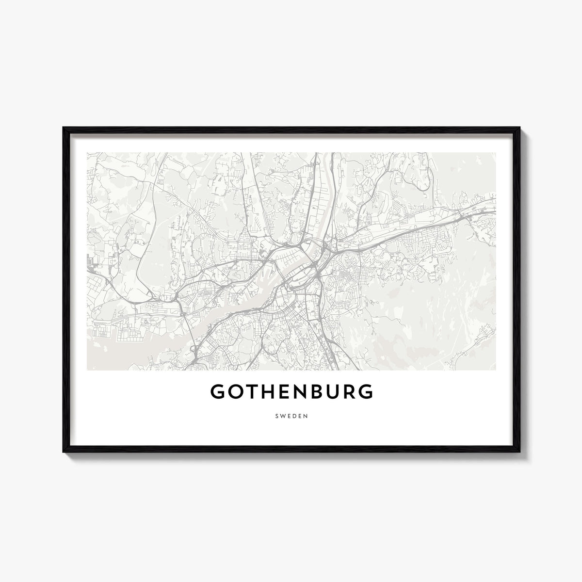 Gothenburg black & white map poster of Sweden – horizontal wall art, unframed print shown in interior mockup