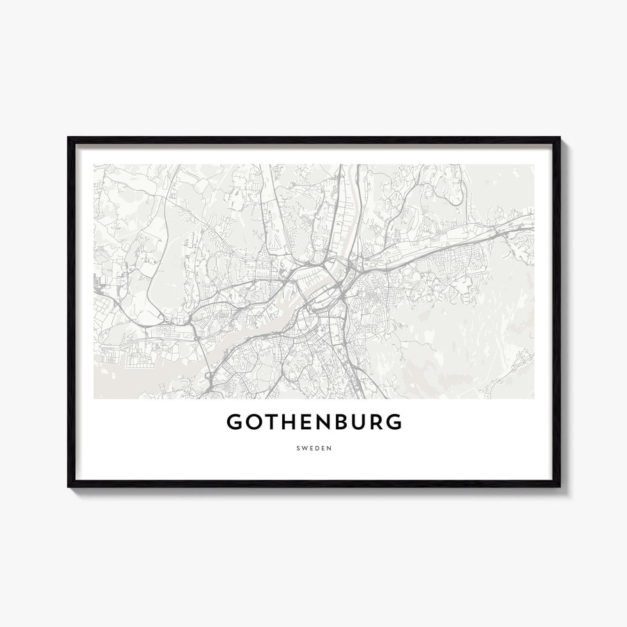 Gothenburg black & white map poster of Sweden – horizontal wall art, unframed print shown in interior mockup