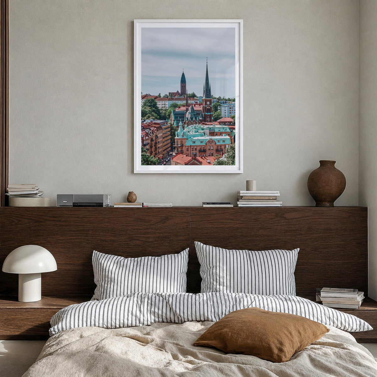 Gothenburg colorful photo poster of Sweden – vertical wall art in white wood frame with white border, hanging on wall