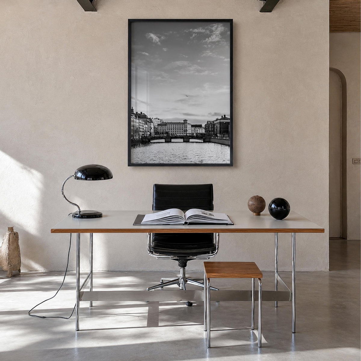 Gothenburg no. 1 black & white photo poster of Sweden – vertical wall art in black wood frame, hanging on wall