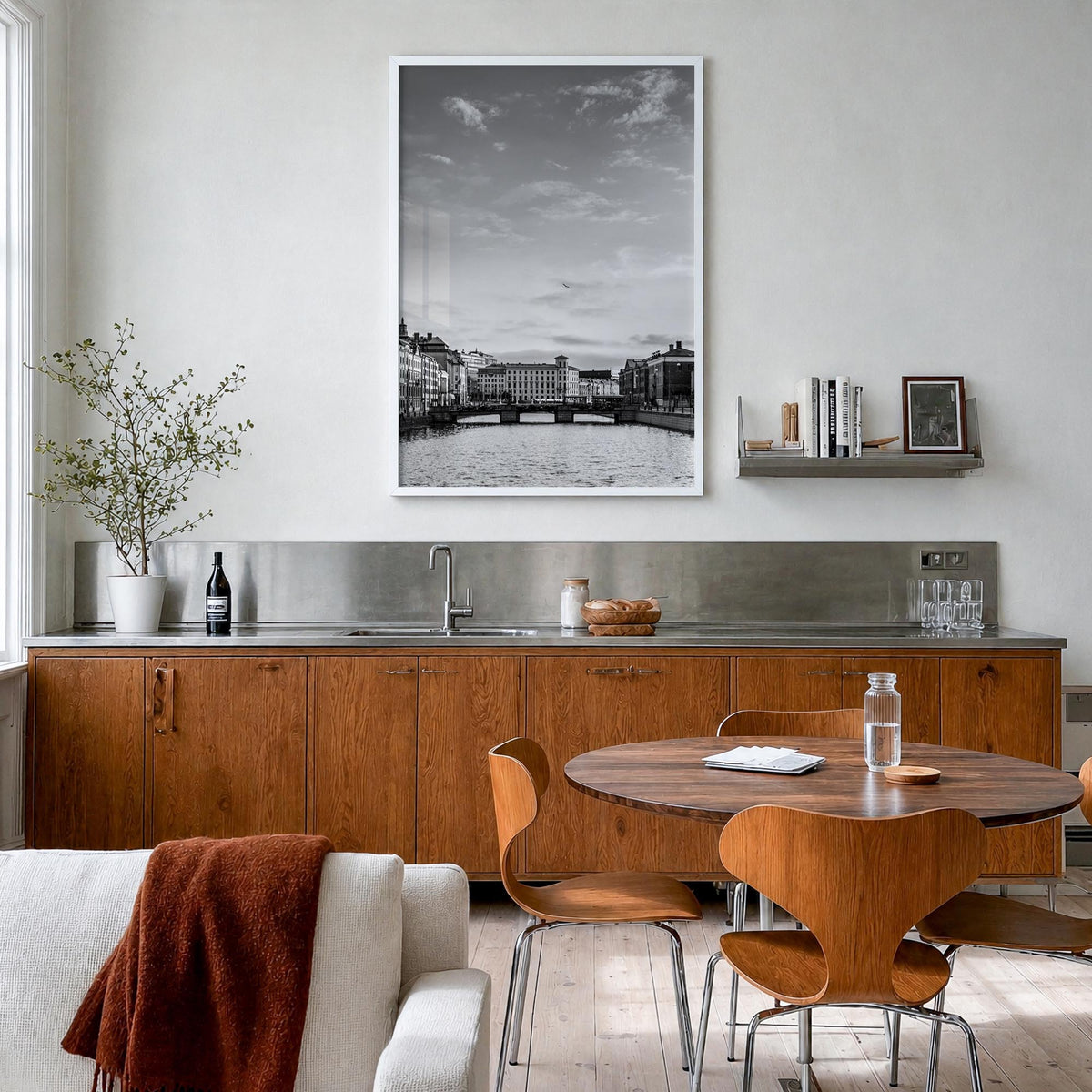 Gothenburg no. 1 black & white photo poster of Sweden – vertical wall art in white wood frame, hanging on wall