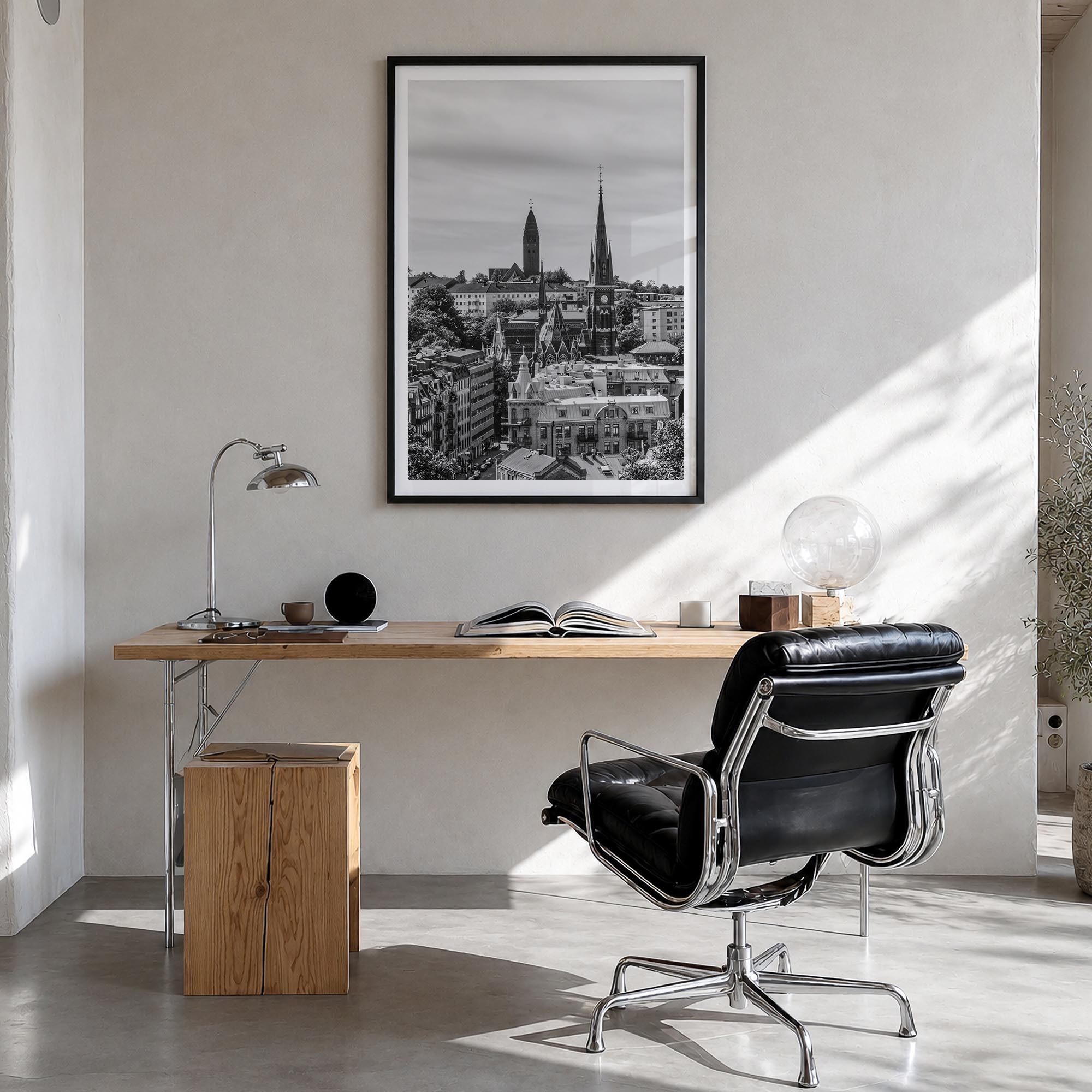 Gothenburg no. 2 black & white photo poster of Sweden – vertical wall art in black wood frame with white border, hanging on w
