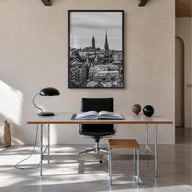 Gothenburg no. 2 black & white photo poster of Sweden – vertical wall art in black wood frame, hanging on wall