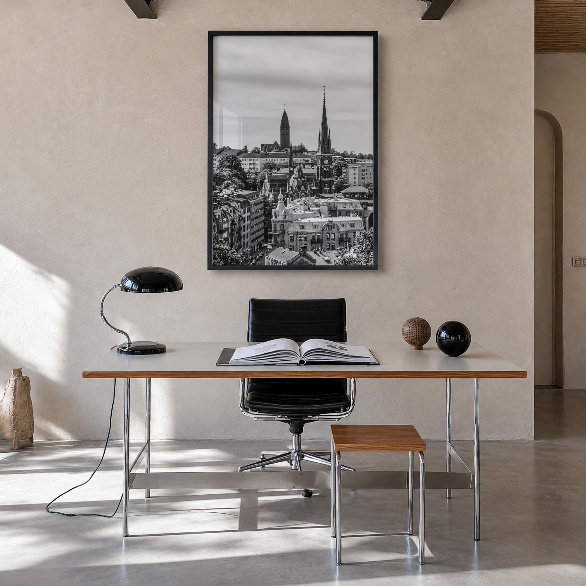 Gothenburg no. 2 black & white photo poster of Sweden – vertical wall art in black wood frame, hanging on wall