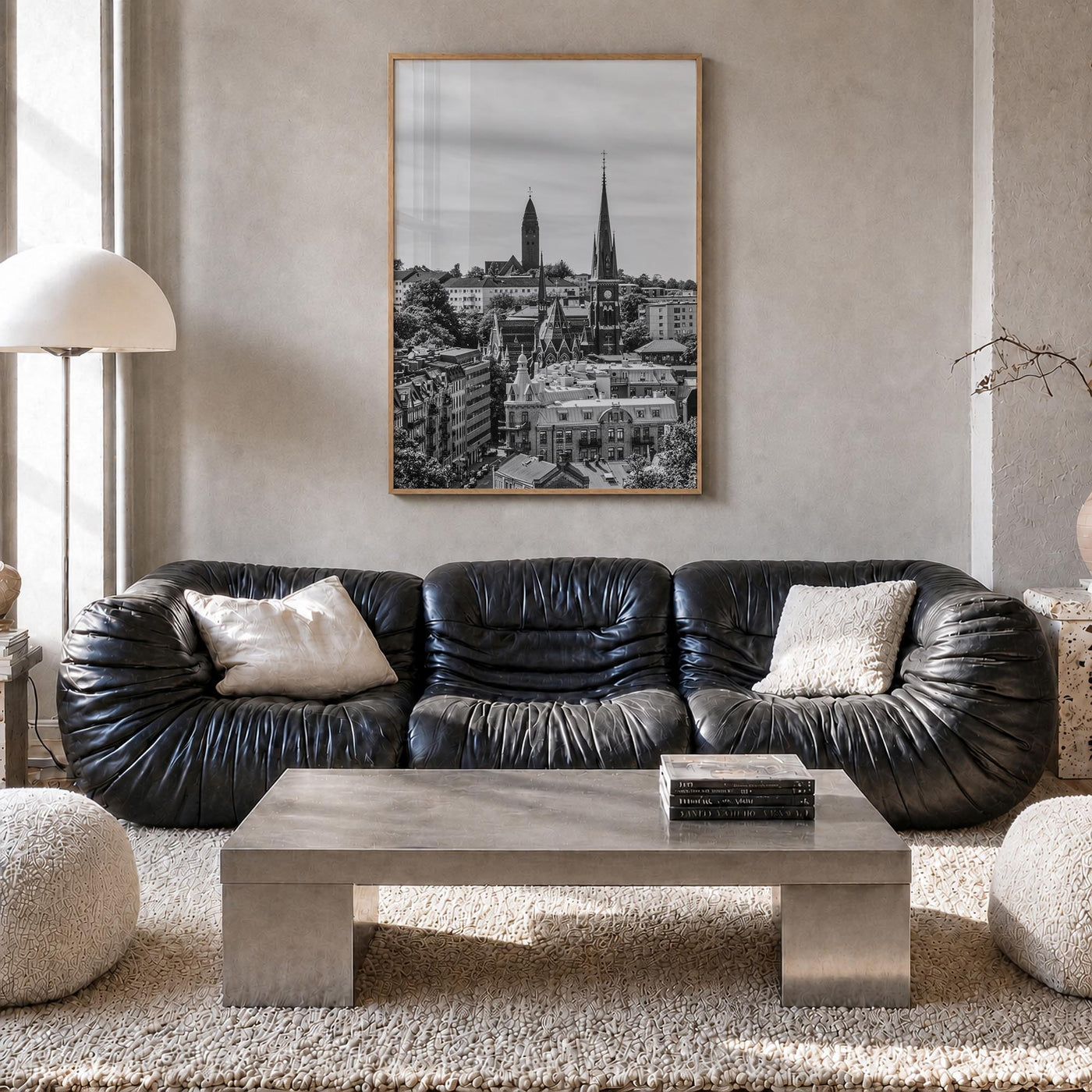 Gothenburg no. 2 black & white photo poster of Sweden – vertical wall art in natural wood frame, hanging on wall