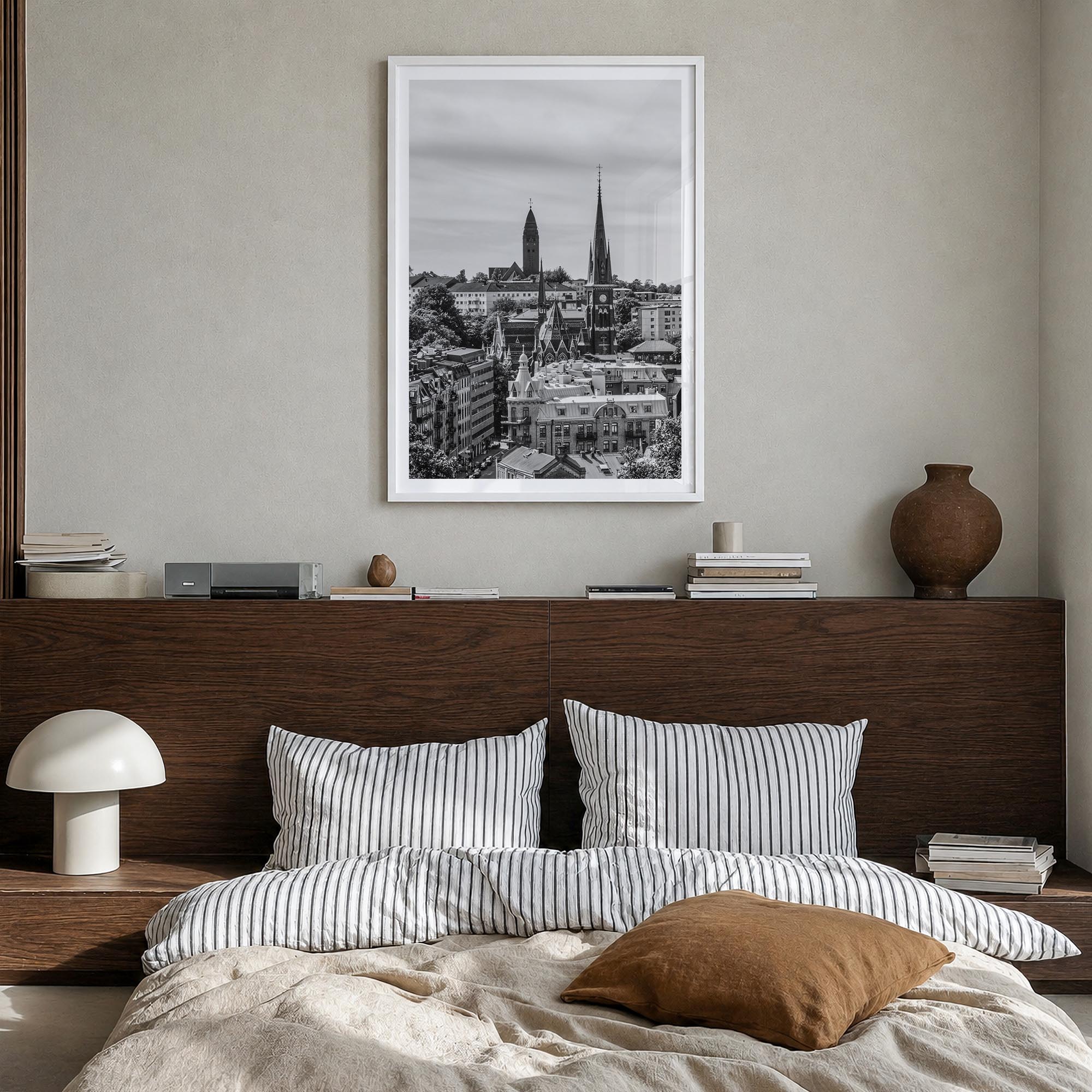 Gothenburg no. 2 black & white photo poster of Sweden – vertical wall art in white wood frame with white border, hanging on w