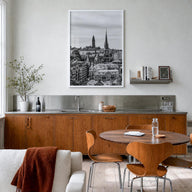 Gothenburg no. 2 black & white photo poster of Sweden – vertical wall art in white wood frame, hanging on wall