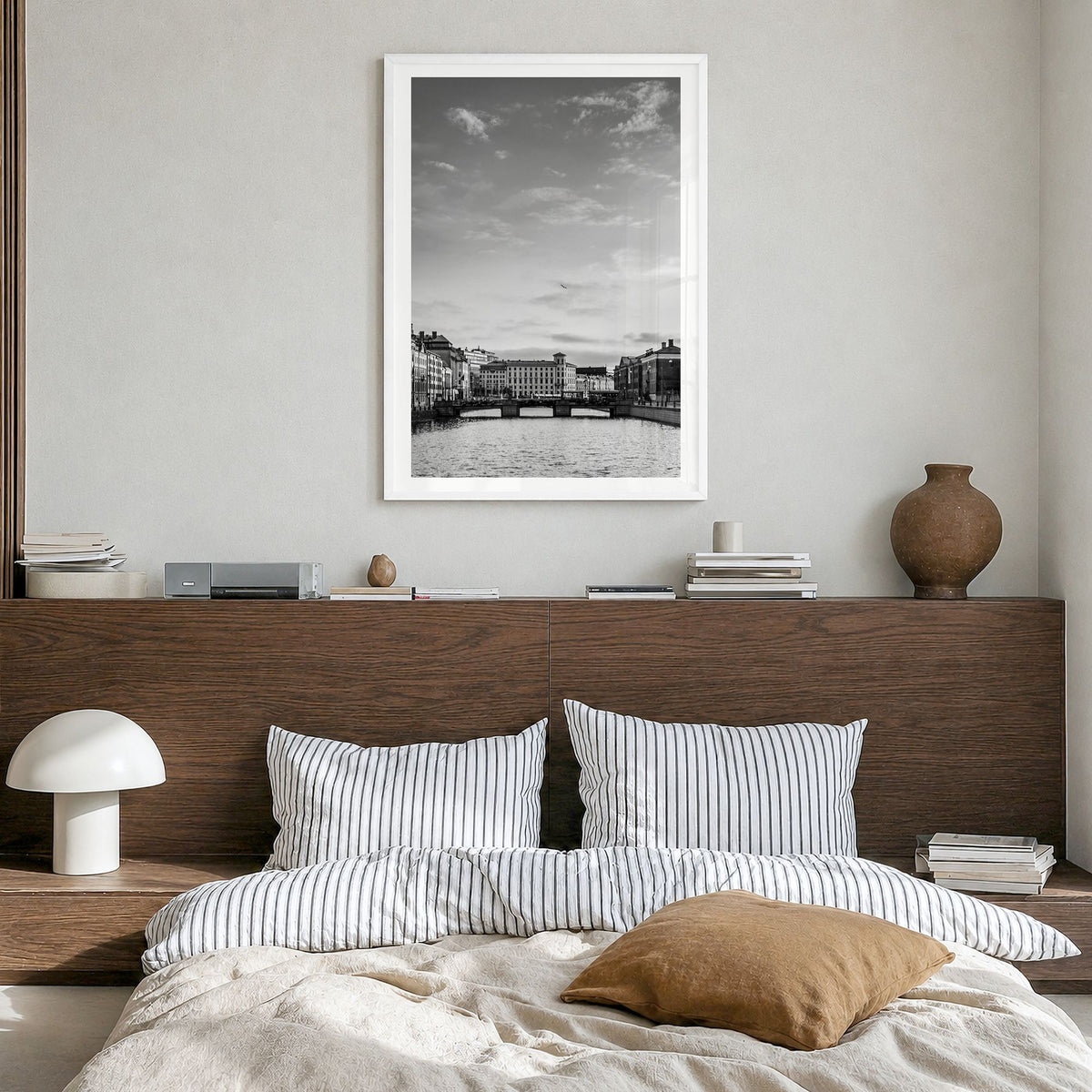Gothenburg Photo No 1 Poster in a white wood frame, hanging in a bedroom, white border