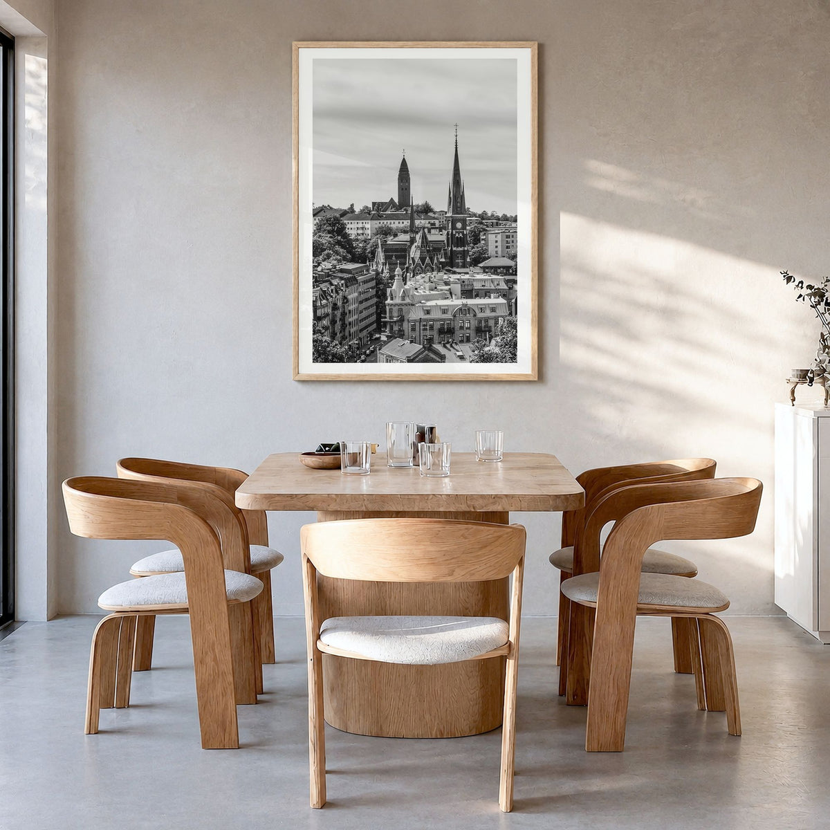 Gothenburg Photo No 2 Poster in a natural wood frame, hanging in a dining room, white border