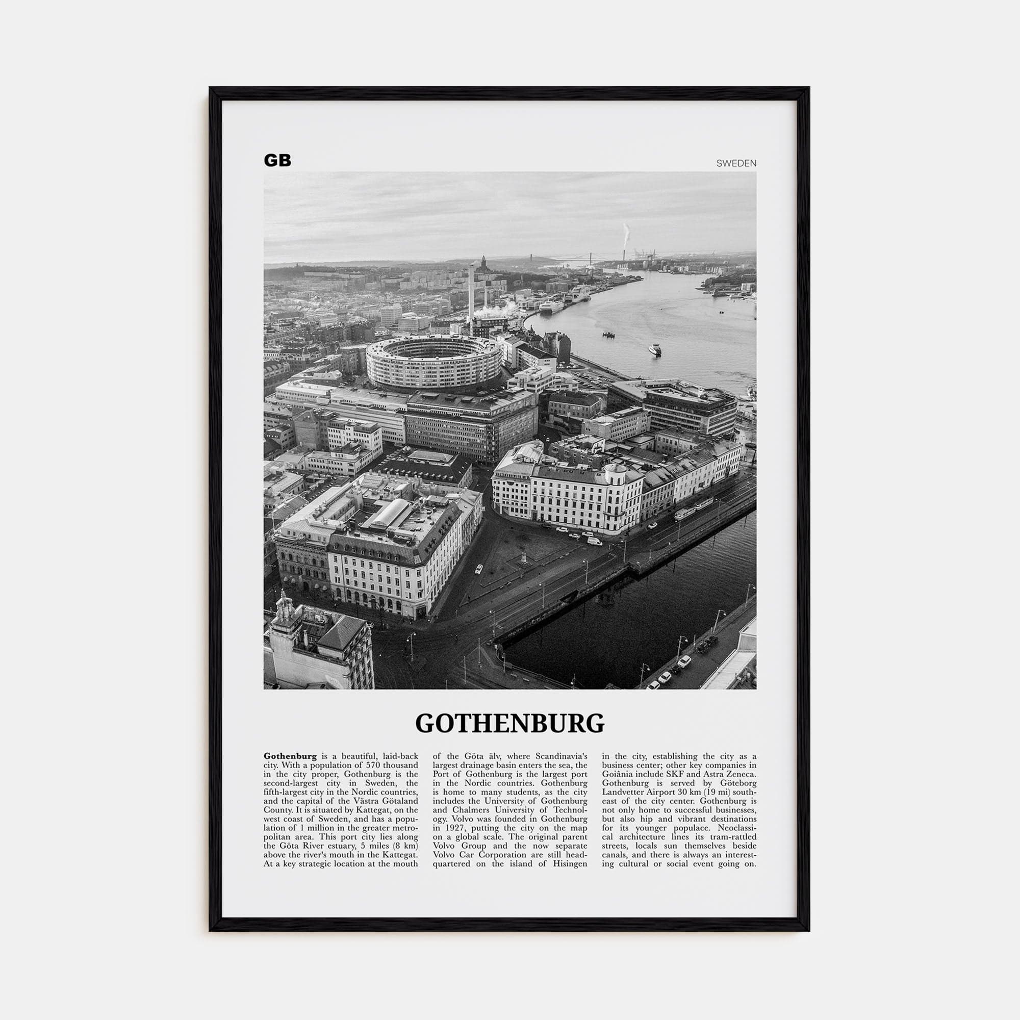 Gothenburg Poster Black Wood / 8x12 in Nbourhood Travel B&W Poster