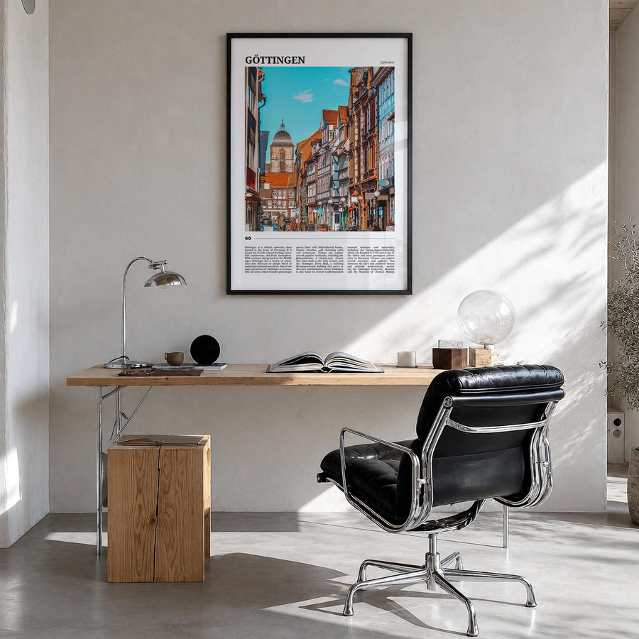 Göttingen colorful travel poster of Germany – vertical wall art in black wood frame, hanging on wall