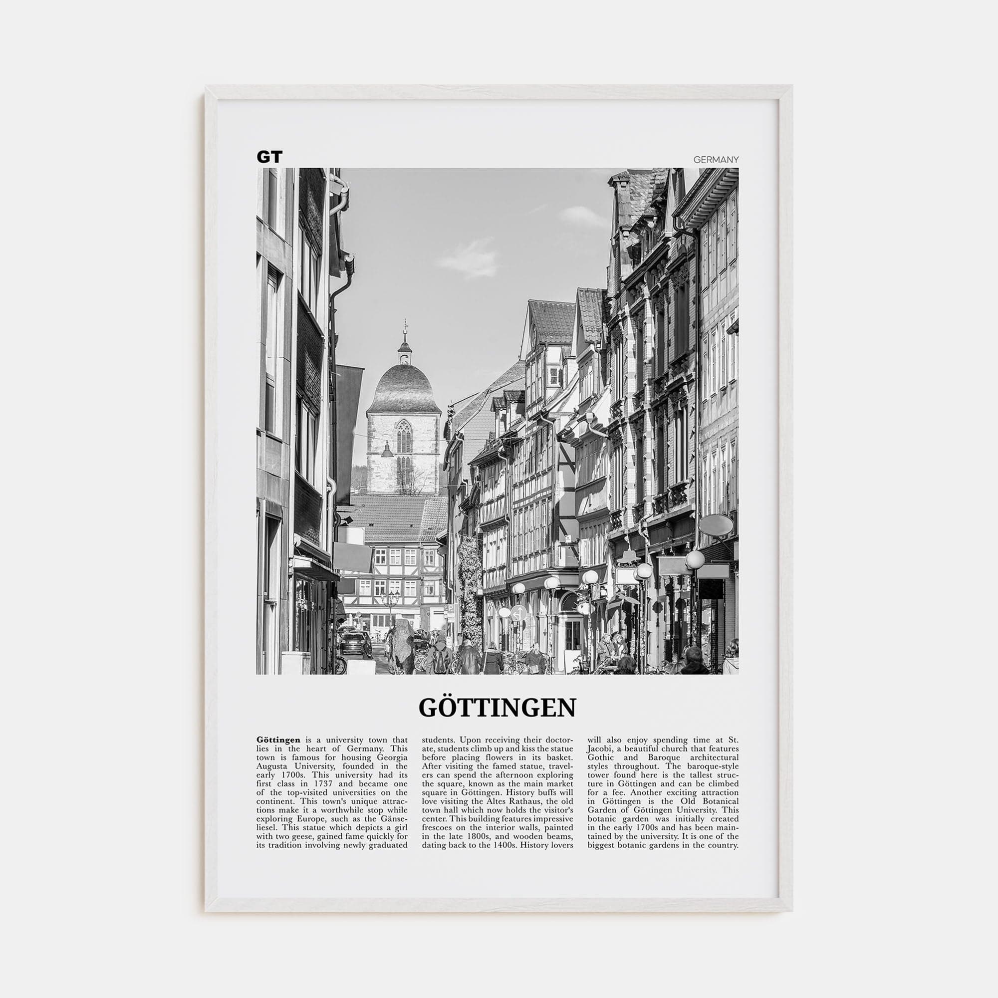 Göttingen Poster White Wood / 8x12 in Nbourhood Travel B&W Poster