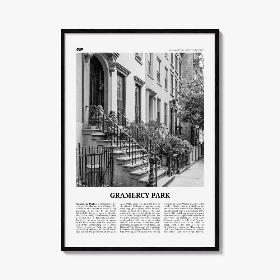 Gramercy Park black & white newspaper poster of Manhattan, New York City – vertical wall art, unframed print shown in interio