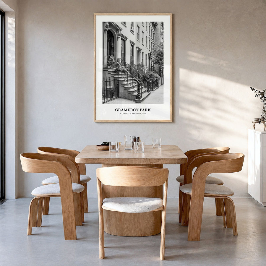 Gramercy Park Classic Poster in a natural wood frame, hanging in a dining room