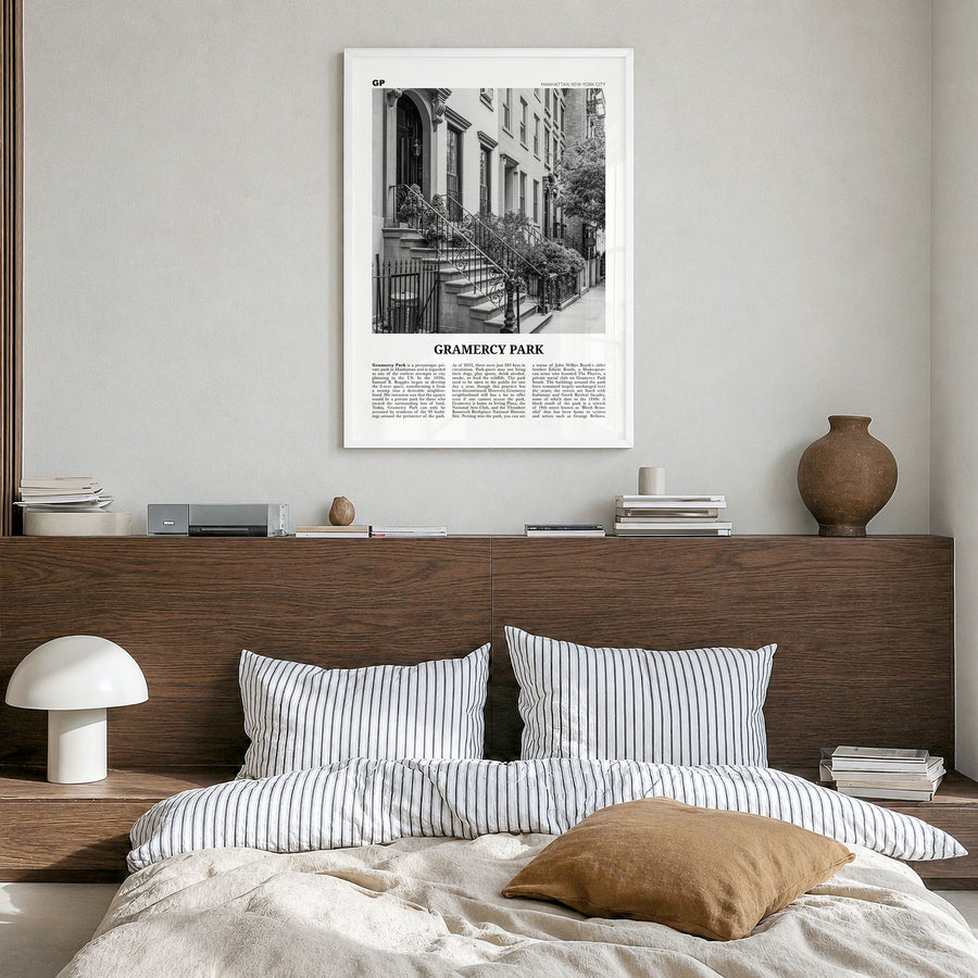 Gramercy Park Newspaper Poster in a white wood frame, hanging in a bedroom