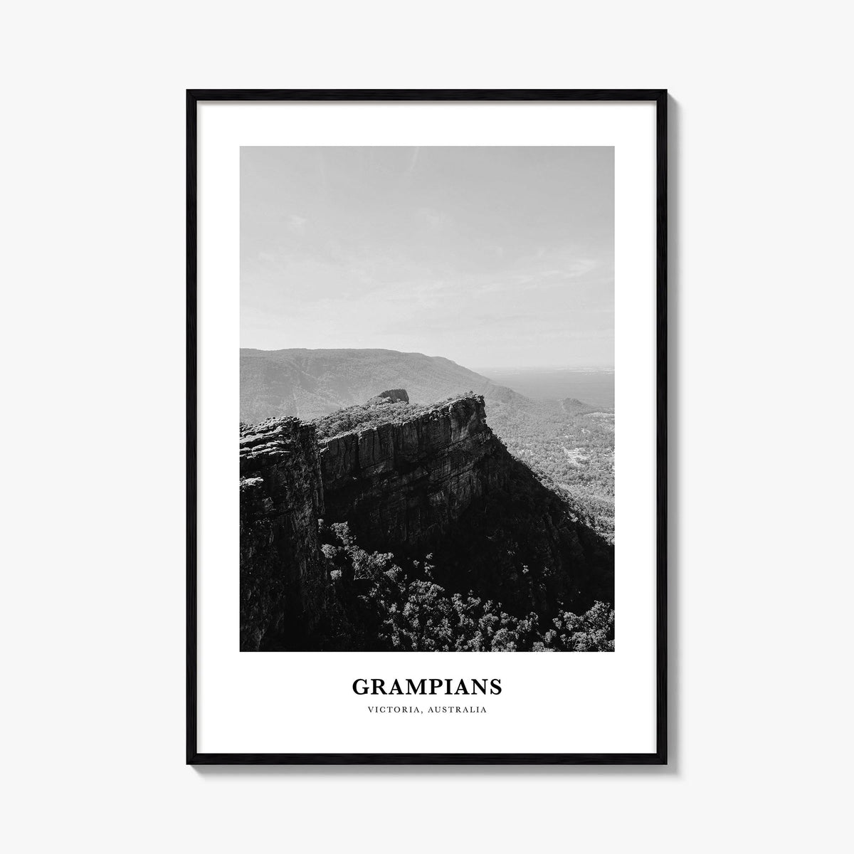 Grampians National Park black & white classic poster of Australia – vertical wall art, unframed print shown in interior mocku