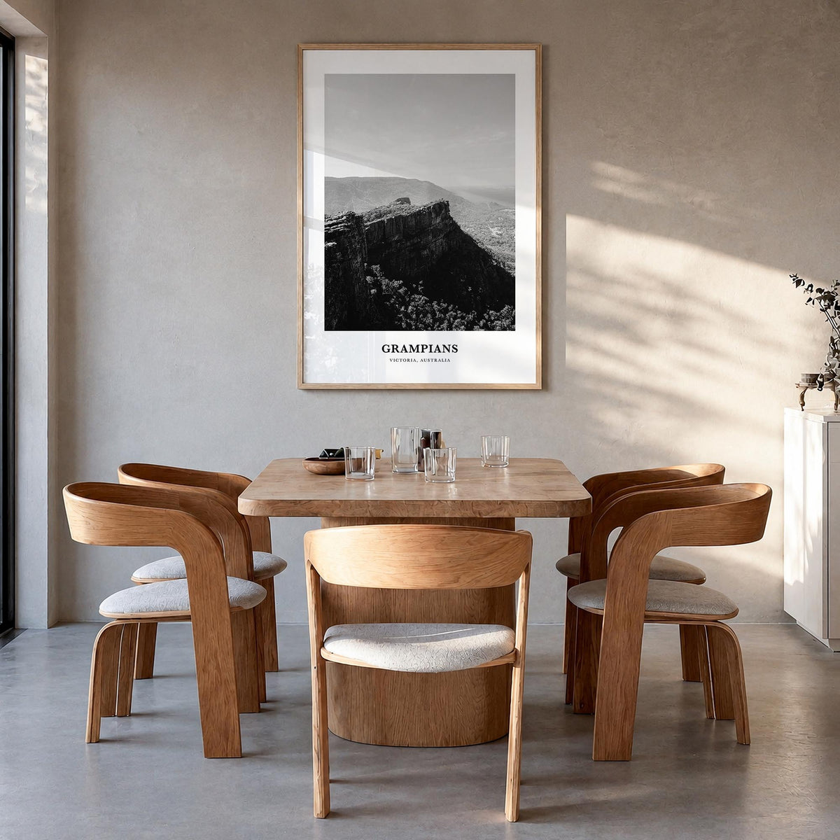 Grampians National Park black & white classic poster of Australia – vertical wall art in natural wood frame, hanging on wall